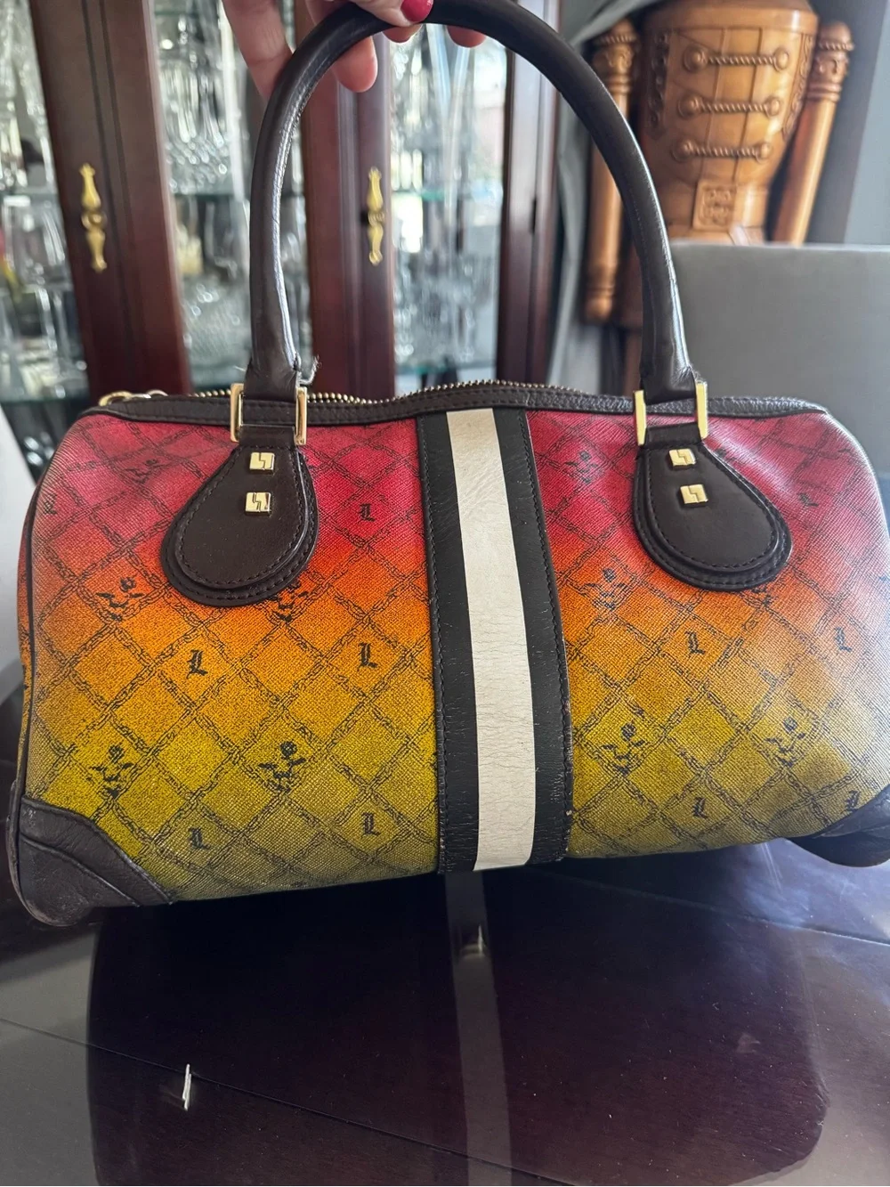L.A.M.B. Gradient Red-Orange-Yellow Satchel with Brown Trim
